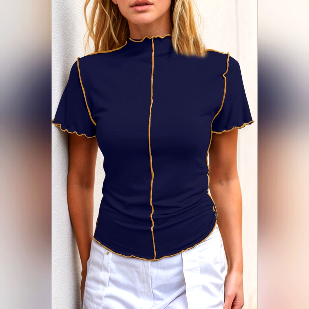 Basic Bae Contrast Trim Mock Neck Short Sleeve T-Shirt